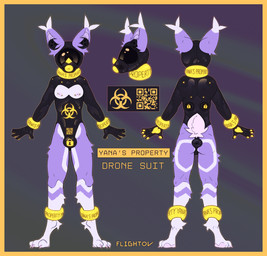 anthro anus bdsm border bulge butt chastity_device clothing collar cuff_(restraint) drone feet flying fur gas_mask hazard_symbol jewelry latex latex_clothing latex_skinsuit male mask nipple_piercing nipples null_bulge pawpads paws piercing puffy_anus purple_body purple_fur qr_code restraints skinsuit solo stripes symbol tail text tight_clothing toes white_body yellow_border yellow_eyes flightov midnight_flight_(character) bat mammal absurd_res english_text hi_res model_sheet