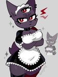 3_eyes angry anthro black_clothing black_leggings black_legwear breasts clothing crossed_arms crossgender ear_piercing female grey_background leggings legwear maid_uniform multi_eye piercing purple_body purple_skin red_eyes simple_background solo sparkles tail thick_thighs uniform krinjuicy narinder domestic_cat felid feline felis mammal hi_res