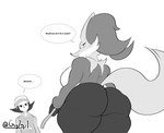 anthro big_breasts breasts clothed clothing curvy_figure dialogue duo female fully_clothed hat headgear headwear huge_breasts male nude speech_bubble stick tail thick_thighs voluptuous guyzep nintendo pokemon delphox generation_6_pokemon human mammal pokemon_(species) absurd_res hi_res