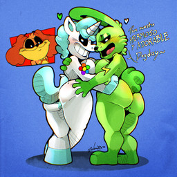 1_horn anthro big_butt black_nose black_sclera blue_background blue_hair blue_hooves blush breast_squish breasts brown_body brown_fur butt butt_grab cheek_tuft dialogue eyelashes facial_tuft female fur genitals green_body green_fur group hair hand_on_butt hooves horn looking_back male mole_on_butt nude open_mouth open_smile orange_body orange_fur rear_view simple_background smile squish text thick_thighs trio tuft vulva white_body white_eyes white_fur white_horn wide_hips yellow_body yellow_fur danigrex2n mob_entertainment mythology poppy_playtime smiling_critters craftycorn dogday_(poppy_playtime) hoppy_hopscotch canid canine canis domestic_dog equid equine lagomorph leporid mammal mythological_creature mythological_equine rabbit unicorn absurd_res hi_res