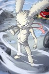 angry anthro bottomwear clothing footwear fur holding_object looking_at_viewer male pants red_scarf scarf shirt shoes solo text tire tools topwear traffic_sign wheel white_body white_bottomwear white_clothing white_eyes white_footwear white_fur white_pants white_shirt white_shoes white_topwear wrench microbihon there_she_is il-ho hybrid lagomorph leporid mammal rabbit absurd_res artist_name hi_res watermark