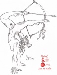 aiming anthro archer archery arrow_(weapon) bow_(weapon) breasts ear_piercing female foot_archery genitals hair handstand holding_object holding_weapon jewelry long_hair nipples nude piercing pussy ranged_weapon side_boob side_view simple_background solo tail tattoo upside_down weapon white_background fleetwolf flemycah mammal unknown_species 2012 hi_res monochrome signature traditional_media_(artwork) watermark