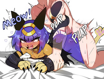 all_fours anthro anthro_penetrated bed_sheet bedding black_clothing black_dress black_nose blue_body blue_hair blush blush_lines bodily_fluids claws clothing doggystyle dress drooling duo eyelashes fangs female female_on_human female_penetrated from_behind_position hair human_on_anthro human_penetrating human_penetrating_anthro interspecies looking_pleasured male male/female male_on_anthro male_penetrating male_penetrating_female multicolored_body neck_ring onomatopoeia open_mouth pawpads paws penetration red_eyes saliva sex short_hair sound_effects sweat tail teeth text two_tone_body yellow_body notgeerux palworld pocketpair felid feline human mammal pal_(species) sekhmet_(pal) hi_res