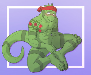 accessory anthro arm_tattoo biped black_eyes blush blush_lines covering covering_crotch green_body green_skin headband looking_at_viewer male muscular muscular_anthro muscular_male nude nude_anthro nude_male pose red_headband rose_tattoo sitting sitting_on_ground solo tasteful_nudity tattoo three-quarter_view aitch guana lizard reptile scalie 2025 cel_shading digital_drawing_(artwork) digital_media_(artwork) full-length_portrait portrait shaded