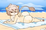 anthro beach big_butt butt clothing huge_butt male mostly_nude partially_naked_anthro solo sultry_gaze sunscreen thick_thighs thong towel underwear pkfirefawx finn_(itsjay) felid feline lion mammal pantherine hi_res