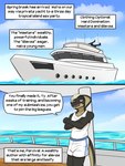 anthro asymmetrical_hair bottomwear clothing cruise_ship dialogue male merchant_ship narration passenger_ship sea ship shirt shorts solo speech_bubble tank_top text topwear vehicle water water_splashes watercraft white_bottomwear white_clothing white_shirt white_shorts white_tank_top white_topwear yacht fuze texnatsu percival_(texnatsu) cobra reptile scalie snake comic english_text hi_res