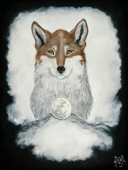 ambiguous_gender black_nose brown_body brown_fur feral front_view fur logo looking_at_viewer moon mouth_closed solo white_body white_fur yellow_eyes kola_(artist) canid canine mammal 2011 3:4 artist_logo dated traditional_media_(artwork)