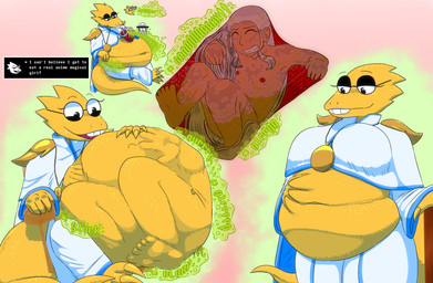 abdominal_bulge anthro anthro_pred barefoot belly_rub beverage big_breasts black_bar bodily_fluids breasts burping censored_eyes container cup digestion digestion_noises digestion_sequence drinking duo epaulet eyewear feet female female/female female_pred female_prey flat_chested glasses hair human_prey jewelry long_hair lounging magic_user navel necklace organs saliva scales sitting soda squeezing_belly stomach stomach_acid struggling struggling_prey unwilling_prey vore weight_gain white_hair wizard_robes yellow_body yellow_scales pillowfloof undertale undertale_(series) alphys naevus_oxaccius human lizard mammal reptile scalie hi_res