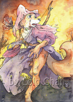 anthro arrow_(weapon) barefoot blood bodily_fluids bow_(weapon) breasts clothing digit_ring feet female fire jewelry open_mouth ranged_weapon ring running solo thick_thighs toes torn_clothing weapon wedding_ring wounded shinobiiri disney robin_hood_(disney) maid_marian canid canine fox mammal red_fox true_fox 2013 hi_res watermark