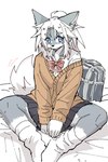 anthro backpack bed blue_eyes bottomwear bow_tie clothing female footwear fur furniture grey_body grey_fur hair on_bed school_uniform sitting sitting_on_bed skirt socks solo sweater tail tail_motion tailwag topwear uniform ookamiwaho okami_bark canid canine canis mammal wolf 2:3 hi_res