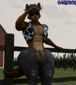animal_print anthro barn black_nose brown_body brown_fur buckle bulge chaps clothing cloud cloudy_sky cow_print cowboy_hat crops detailed_bulge eyewear farm fence fur genitals grass hand_on_fence hand_on_hat hand_on_head hand_on_railing hat headgear headwear jockstrap leaning_on_object male multicolored_body multicolored_fur muscular muscular_anthro muscular_chest muscular_male penis penis_base plant sky smile solo standing sunglasses tan_body tan_fur teeth thick_thighs topwear tree two_tone_body two_tone_fur underwear vest whiskers wide_hips wood wood_fence camseven nintendo star_fox james_mccloud canid canine fox mammal 3d_(artwork) digital_media_(artwork) hi_res signature