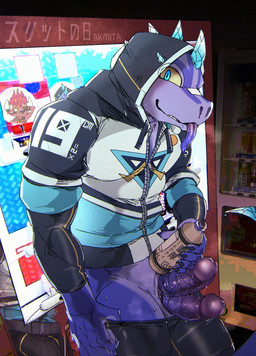 2_penises animal_genitalia animal_penis anthro blue_eyes bodily_fluids bottomwear clothing comparing crystal diphallism drooling foreskin genital_fluids genital_slit genitals hemipenes hood hoodie male multi_genitalia multi_penis penis precum pulling_down_pants retracted_foreskin saliva shorts solo spandex spandex_shorts sweat tight_bottomwear tight_clothing tight_shorts tongue tongue_out topwear vertical_diphallism yellow_sclera bk-mita chameleon lizard reptile scalie hi_res