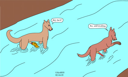 animal_genitalia brown_body brown_fur dialogue feral feral_penetrated fur genitals group male male/male oral partially_submerged penetration penis penis_in_mouth red_penis river sheath speech_bubble standing_in_water tail talking_to_another trio water urbanhermit canid canine mammal mustelid otter 1982 colored dated