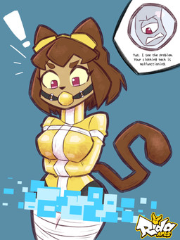 ambiguous_gender anthro ball_gag bound duo female gag machine restraints straitjacket evil_rida gameoverse glitch_productions kaboodle_(gameoverse) kit_bodega domestic_cat felid feline felis mammal robot 3:4 hi_res