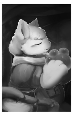 4_fingers ambiguous_gender anthro bangs border bread clothing cute_fangs eyes_closed fangs fingers food fur grey_nose kemono open_mouth overalls paw_bread pockets scarf side_view sitting solo teeth thorns white_body white_border white_fur hasukii cyberconnect2 fuga:_melodies_of_steel little_tail_bronx boron_brioche domestic_cat felid feline felineko felis mammal hi_res monochrome