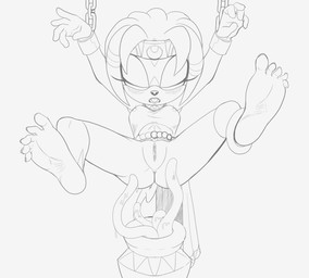anthro bottomless bound butt chain chained circlet clothed clothing container crooked_tail erect_nipples eyes_closed feet female genitals humanoid_feet imminent_sex jar nipples plantigrade solo suspension tail tentacles upskirt vulva fourssss sega sonic_adventure sonic_the_hedgehog_(series) tikal_the_echidna echidna mammal monotreme hi_res monochrome
