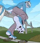 anthro blue_body bottomwear bridge clothed clothing cracks crush crushed_vehicle destruction feet foot_focus grey_clothing macro male pants solo tail teeth topless topless_male vehicle_destruction bartucthebloody mythology draxi dragon mythological_creature mythological_scalie scalie 2018 absurd_res hi_res