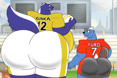 american_football american_football_uniform anthro ball belly big_belly big_butt butt clothing duo football_helmet gridiron_ball intimidation male overweight overweight_male size_difference sport tight_clothing wolfox90210 gon_(series) furo_(gon_series) kungka badger honey_badger mammal mephitid mustelid musteline skunk striped_skunk hi_res