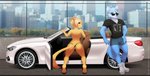 anthro barefoot biped black_clothing black_eyebrows black_nose black_shirt black_topwear black_underwear blonde_hair blue_body blue_eyes blue_fur blue_tail bottomwear brown_tail butt car city clothed clothing detailed_background dipstick_tail duo eyebrows eyewear feet femboy footwear fur g-string grey_bottomwear grey_clothing grey_shorts hair head_tuft looking_at_viewer looking_back male markings multicolored_body multicolored_fur multicolored_hair multicolored_tail outside pink_nose shirt shoes short_hair shorts standing sunglasses t-shirt tail tail_markings tan_hair text text_on_clothing text_on_shirt text_on_topwear thong topless topwear tuft two_tone_body two_tone_fur two_tone_hair two_tone_tail underwear vehicle white_body white_fur yellow_body yellow_eyes yellow_fur yellow_tail re-sublimity-kun bmw liam_(liam-kun) mike_(freehugz) canid canine canis domestic_cat felid feline felis mammal wolf 2017 digital_media_(artwork) english_text