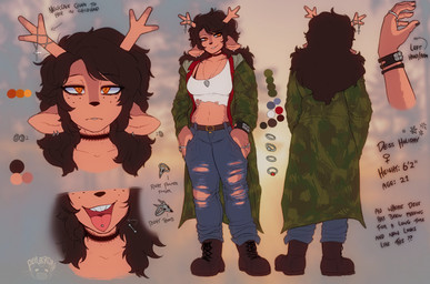 anthro antlers belt boots bottomwear brown_body brown_fur brown_hair camo camo_print choker clothed clothed_anthro clothed_female clothing crop_top denim denim_bottomwear denim_clothing digit_ring ear_piercing ear_ring fan_designs female finger_ring footwear freckled_face freckles fully_clothed fully_clothed_anthro fully_clothed_female fur hair horn jacket jeans jewelry midriff necklace open_mouth pants piercing ring_piercing shirt shoes smile solo text tomboy tongue tongue_out tongue_piercing topwear torn_bottomwear torn_clothing torn_jeans torn_pants pepurroni deltarune undertale_(series) dess_holiday deer mammal new_world_deer reindeer english_text hi_res model_sheet