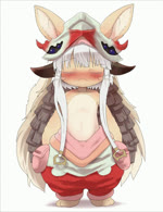 anthro blush brown_body brown_fur clothed clothing countershading female flat_chested fur hair looking_at_viewer open_mouth simple_background solo topless whiskers white_background white_hair yellow_eyes young young_anthro dagasi made_in_abyss nanachi lagomorph mammal narehate 2d_animation animated high_framerate motion_tweening no_sound short_playtime webm