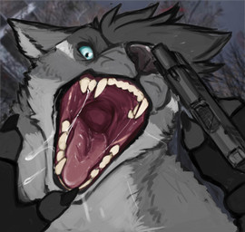ambiguous_gender angry anthro black_claws blue_eyes bodily_fluids claws detailed_mouth dripping duo ears_back fangs finger_claws first_person_view front_view fur glistening glistening_eyes grey_body grey_fur grey_hair gun hair handgun holding_gun holding_handgun holding_object holding_ranged_weapon holding_weapon looking_at_viewer mouth_shot nude open_mouth pivoted_ears ranged_weapon red_tongue saliva saliva_drip saliva_string short_hair simple_background teeth tongue unsigned weapon acidic canid mammal hi_res