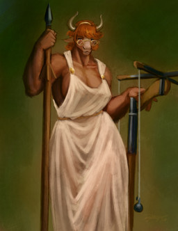 clothing dress eyewear female glasses groma hair horn looking_at_viewer melee_weapon orange_hair polearm solo spear weapon white_clothing white_dress rayoutofspace european_mythology greek_mythology mythology korinna_avarta bovid bovine mammal minotaur absurd_res hi_res