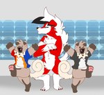 3_toes 4_fingers anthro anthrofied brown_body brown_fur clothed clothing crossed_arms eyes_closed feet fingers fur group male nude open_mouth pantsless raised_arms raised_leg shirt size_difference toes topwear trio mc_morrales nintendo pokemon lyan_the_lycanroc generation_7_pokemon lycanroc pokemon_(species) rockruff 2020