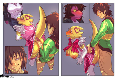 4_panel_comic age_difference anthro armwear blush bottomless bottomwear bow_(feature) bow_ribbon breasts brown_hair buckteeth clothed clothing cosplay denim denim_bottomwear denim_clothing dress elbow_gloves erection eyewear facial_scar female female_penetrated frilly frilly_clothing genitals glasses gloves green_clothing green_shirt green_topwear grey_background group hair handwear legwear male male/female male_penetrating male_penetrating_female nipples non-mammal_breasts older_female penetration penis purple_body purple_scales red_eyes scales scar sex shirt simple_background stockings student tail teacher teacher_and_student teeth topwear trio yellow_body yellow_scales younger_male kristhianquint4 deltarune lobotomy_corporation project_moon undertale_(series) alphys susie_(deltarune) the_queen_of_hatred boss_monster_(undertale) mammal 2026 absurd_res comic hi_res
