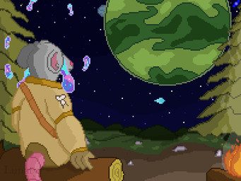 anthro bodily_fluids campfire male planet rat_tail resting sitting sitting_on_log sky solo space spacesuit star starry_sky tail tears lunatyr weltraum_rausch_(sigmand) mammal murid murine rat rodent 4:3 digital_drawing_(artwork) digital_media_(artwork) pixel_(artwork)