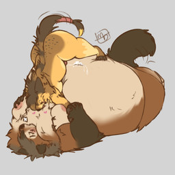 anthro areola belly belly_squish big_belly blush bodily_fluids breast_grab breasts breath brown_body brown_fur cum cum_on_belly cum_on_body cum_on_navel duo eyes_closed female fur genital_fluids gynomorph gynomorph/female hand_holding hand_on_breast heart_symbol huge_belly intersex intersex/female navel_fetish neck_tuft nipples obese obese_anthro obese_female on_top_of_belly overweight overweight_anthro overweight_female simple_background squish tongue tongue_out tuft weight_difference yellow_body yellow_fur milkboners canid felid feline mammal 1:1 hi_res trans_(lore) trans_woman_(lore)