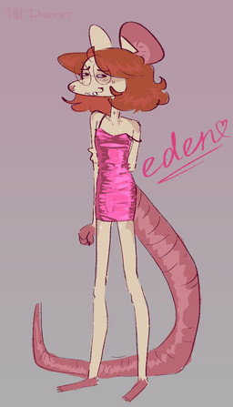 3_toes 4_fingers anthro black_eyebrows black_eyes blush blush_lines bodily_fluids brown_hair buckteeth bulge claws closed_smile clothed clothing crossdressing crossdressing_male detailed_bulge dress eyebrows eyewear feet femboy fingers fur genital_outline glasses hair hand_behind_back long_tail looking_aside male mouth_closed nervous nervous_smile nervous_sweat penis_outline pink_background pink_clothing pink_dress pink_feet pink_hands pink_inner_ear pink_nose pink_paws pink_tail pupils round_glasses short_hair simple_background skimpy_dress smile solo sweat tail tan_body tan_fur teeth text tight_clothing tight_dress toes wearing_glasses tnfdarent eden_(tnfdarent) mammal mouse murid murine rodent 2026 artist_name character_name digital_drawing_(artwork) digital_media_(artwork) english_text hi_res watermark