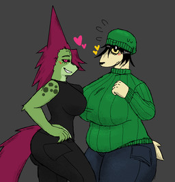 anthro arm_tuft bangs beanie belly big_breasts big_butt black_bodysuit black_bottomwear black_clothing black_hair black_pants black_sclera black_skinsuit black_topwear blush blush_lines bodily_fluids bodysuit bottomwear breasts butt circle_eyes claws clenching_fist clothing denim denim_bottomwear denim_clothing duo elbow_tuft eyebrows facial_markings facing_each_other female female/female fist fur glistening glistening_hair green_beanie green_body green_clothing green_fur green_hat green_headwear green_sweater green_topwear grin hair hand_behind_torso hand_on_hip hat head_markings headgear headwear heart_symbol jeans khaki_fur leaf leaf_hair leaf_tail looking_at_viewer markings neck_tuft nervous pants petal_hair petals pink_hair plant plant_hair pseudo_hair short_tail side_view skinsuit slightly_chubby slightly_chubby_female smile smiling_at_viewer smirk smirking_at_viewer spiked_tail spikes spikes_(anatomy) spiky_hair spots spotted_markings sweat sweater tail thick_thighs tight_clothing topwear tuft yellow_body yellow_eyes yellow_fur quincebleene dogo_(lowearth0rbit) quince_(quincebleene) canid canine canis domestic_dog elemental_creature elemental_humanoid flora_fauna humanoid mammal piantan plant_humanoid 2026 colored digital_drawing_(artwork) digital_media_(artwork) shaded