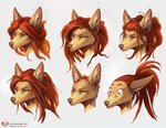 black_nose brown_hair eyebrows eyelashes female green_eyes hair simple_background solo text white_background alectorfencer myre canid canine mammal 2020 digital_media_(artwork) headshot_portrait hi_res portrait url