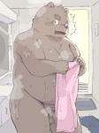 anthro balls belly blush brown_body brown_fur flaccid fur genitals humanoid_hands male moobs overweight overweight_anthro overweight_male penis solo surprise towel wet dv-ch bear mammal 2019 hi_res