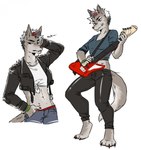 3_toes 5_fingers abs alternative_fashion anthro armband athletic athletic_anthro athletic_female bass_guitar black_outline bottomwear claws clothed clothing cropped_jacket denim denim_bottomwear denim_clothing ear_piercing ear_ring feet female fingers fur grey_body grey_fur guitar hair hand_in_pocket hip_piercing jacket jewelry leather leather_bottomwear leather_clothing leather_jacket leather_pants leather_topwear midriff musical_instrument necklace outline pants piercing playing_bass playing_guitar playing_music plucked_string_instrument pockets punk ring_piercing shirt short_hair simple_background solo spiked_armband spikes standing string_instrument t-shirt text tied_shirt toe_claws toes tomboy topwear white_background wristband nocturnadarricos wolf_(nocturnadarricos) canid canine canis mammal wolf digital_media_(artwork) full-length_portrait half-length_portrait hi_res portrait