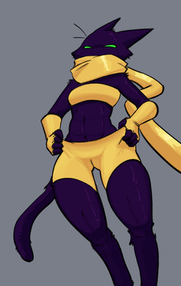 abs anthro arm_tuft armwear athletic black_body bottomwear bottomwear_pull camel_toe cheek_tuft clothing clothing_pull elbow_gloves facial_tuft fingerless_gloves gloves green_eyes handwear no_pupils scarf shoulder_tuft spats thick_thighs thigh_gap topwear tube_top tuft whiskers stupidgnoll cartoon_network mao_mao:_heroes_of_pure_heart scarf_sister domestic_cat felid feline felis mammal 2026 colored hi_res shaded