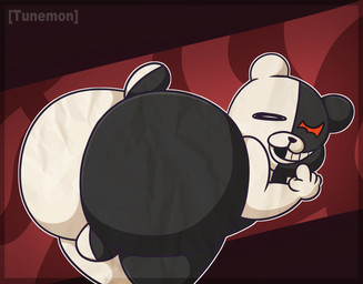 anthro backsack balls bent_over big_butt butt genetic_chimerism genitals huge_butt looking_at_viewer looking_back male male_anthro multicolored_body nude nude_anthro nude_male outline shortstack shortstack_male smile solo split_color thick_thighs two_tone_body white_outline tunemon danganronpa spike_chunsoft monokuma bear mammal 2022 digital_media_(artwork) hi_res