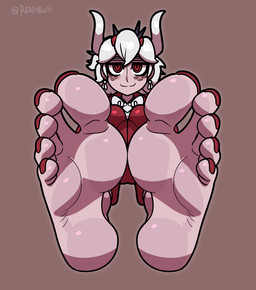 5_toes barefoot breasts clothing colored_nails feet female foot_focus horn humanoid_feet looking_at_viewer nails not_furry plantigrade red_clothing red_eyes red_nails smile soles solo toes reathroch helltaker beelzebub_(helltaker) demon demon_humanoid horned_humanoid humanoid hi_res