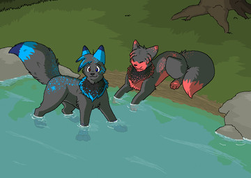 ambiguous_gender black_body black_fur black_nose blue_body blue_eyes blue_fur detailed_background digitigrade duo eyes_closed feral fur grass grey_body grey_fur head_tuft heterochromia outside partially_submerged paws plant pond raised_tail red_body red_eyes red_fur rock standing standing_in_water tail tree tuft water sebdoggo nintendo pokemon eevee generation_1_pokemon pokemon_(species) 2011 aliasing cel_shading digital_drawing_(artwork) digital_media_(artwork) microsoft_paint_(artwork) shaded