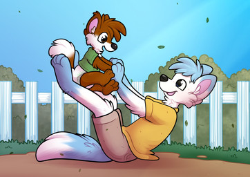 anthro blue_body blue_eyes blue_fur blue_hair bottomwear brown_body brown_eyes brown_fur brown_hair clean_diaper clothed clothing diaper duo eye_contact fence fur grass green_clothing green_shirt green_topwear hair hand_holding happy holding_baby legs_in_air legs_up looking_at_another male neonate on_ground open_mouth open_smile orange_clothing orange_shirt orange_topwear outside pantsless pawpads paws plant playing shirt shorts shrub sitting sitting_on_ground sky smile tail topwear white_body white_fur young young_male albysspace jakeythefox arctic_fox canid canine fox mammal true_fox hi_res