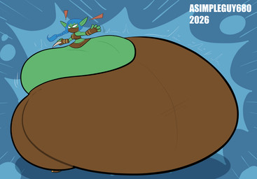big_butt black_eyebrows blue_background blue_hair bottomwear breasts brown_bottomwear brown_clothing brown_fingerless_gloves brown_footwear brown_gloves brown_handwear brown_pants brown_shoes brown_skirt brown_topwear butt clothing empty_eyes exclamation_point eyebrows eyelashes female fingerless_gloves footwear gloves green_body green_ears green_skin hair handwear holding_object holding_weapon huge_butt huge_thighs humanoid_pointy_ears hyper hyper_butt hyper_pear hyper_thighs looking_at_viewer looking_back looking_back_at_viewer mask monobutt motion_lines not_furry pants pointy_ears ponytail rear_view shoes simple_background skirt solo text thick_thighs topwear weapon white_eyes asimpleguy680 activision skylanders stealth_elf_(skylanders) elf humanoid 2026 absurd_res artist_name colored digital_media_(artwork) flat_colors hi_res