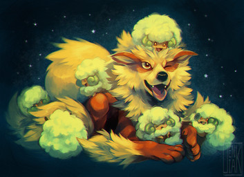 feral fluffy fluffy_tail fur group lying mane open_mouth paws smile tail teeth tongue jeniak nintendo pokemon arcanine canid canine generation_1_pokemon generation_5_pokemon mammal pokemon_(species) whimsicott 2015 digital_media_(artwork)