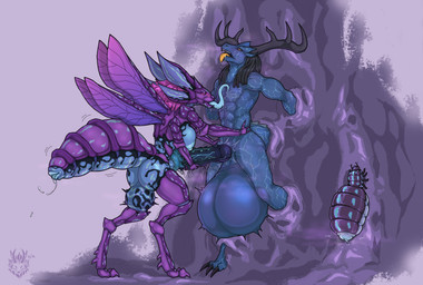 anthro areola arthropod_abdomen ball_inflation balls big_balls big_breasts big_butt big_penis black_claws black_hair black_markings blue_areola blue_balls blue_body blue_breasts blue_markings blue_nipples blue_scales blue_tongue blush bodily_fluids breasts butt chest_lick claws cum cum_in_balls cum_inside detailed_background duo exoskeleton feral genital_fluids genitals glowing glowing_eyes hair horn huge_balls hyper hyper_balls hyper_genitalia intersex intersex/male knot knotted_penis licking logo looking_up male markings motion_lines muscular muscular_male nipples nude_intersex nude_male paws penetration penile penile_penetration penis penis_in_penis pink_hair purple_body saliva scales sex spiked_penis spikes spikes_(anatomy) standing standing_sex tongue tongue_out urethral urethral_penetration wings yellow_eyes yellow_tongue wolfarion mythology arthropod dragon horned_dragon insect mythological_creature mythological_scalie scalie 2026 artist_logo colored dated full-length_portrait hi_res portrait shaded