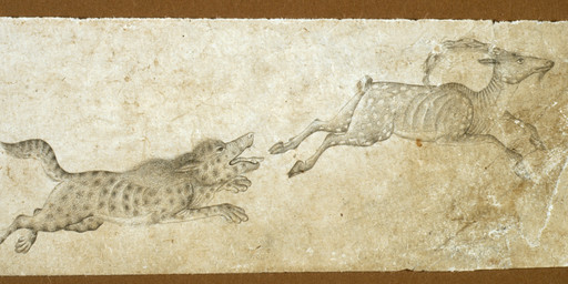 2_horns ambiguous_feral ambiguous_gender chasing cloven_hooves duo fangs feral fur hooves horn markings open_mouth predator/prey quadruped running side_view simple_background spots spotted_body spotted_fur tail teeth tongue tongue_out unknown_artist public_domain antelope bovid canid canine canis mammal wolf 15th_century absurd_res ancient_art hi_res monochrome traditional_media_(artwork)