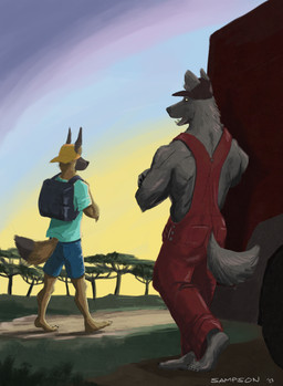5_fingers 5_toes adolescent age_difference anthro back_muscles backpack backwards_baseball_cap backwards_hat barefoot baseball_cap being_watched black_nose bottomwear brown_body brown_fur claws clothing duo feet finger_claws fingers fur grey_body grey_fur hat headgear headwear humanoid_feet humanoid_hands looking_at_another male muscular muscular_anthro muscular_male overalls plantigrade shirt shorts standing teeth toe_claws toes topwear walking young sampsonwoof jacob_caesari oscar_duaz canid canine canis domestic_dog herding_dog malinois_dog mammal pastoral_dog sheepdog 2023 signature story story_in_description
