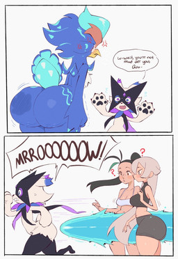 ambiguous_gender angry anthro beak big_butt black_bottomwear black_clothing black_shorts black_topwear blue_body blue_eyes blue_feathers blush blush_lines bottomwear breasts butt cellulite cleavage clothed clothing cross-popping_vein dialogue eye_markings eyelashes feathers female forehead_gem freckled_face freckles gem group heterochromatic_ears heterochromia huge_butt light_body light_skin markings navel pawpads paws pokemon_move purple_eyes question_mark running running_away shorts spank_marks tail tail_feathers text thick_thighs topwear water white_clothing white_topwear yellow_eyes mrbones nintendo pokemon janet_(trainer) nemona_(pokemon) neos_(meowscarada) avian felid feline generation_9_pokemon human mammal meowscarada pokemon_(species) quaquaval 2026 comic english_text hi_res