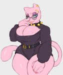 anthro big_breasts blep breasts cleavage_cutout clothing collar cutout ear_piercing ear_ring eyewear fangs female fur glasses half-closed_eyes huge_breasts leotard narrowed_eyes pawpads paws piercing pink_body pink_fur pink_pawpads ring_piercing smile smirk smug smug_face solo spiked_collar spikes teeth tinted_glasses tongue tongue_out hdhxrrfg nintendo pokemon generation_1_pokemon legendary_pokemon mew_(pokemon) pokemon_(species) absurd_res hi_res