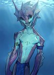 arm_fin bottomwear clothed clothing ear_fins fin fin_hair loincloth male noseless pseudo_hair simple_background smile solo teeth topless underwater water maxspite char'lee_(maxspite) triton 2023 digital_media_(artwork) hi_res portrait shaded