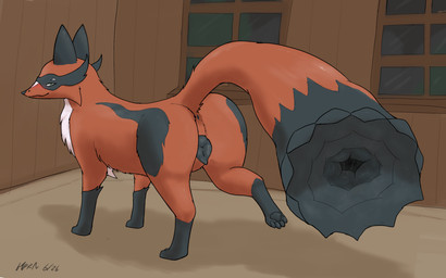 animal_genitalia animal_vulva anus black_body black_fur black_pawpads black_vulva blush butt canine_genitalia canine_vulva cheek_tuft dipstick_tail facial_markings facial_tuft female female_feral feral fur genitals green_eyes head_markings leg_markings literal_tailhole looking_back markings mask_(marking) multicolored_body multicolored_fur narrowed_eyes pawpads raised_tail red_body red_fur smile socks_(marking) solo tail tail_markings tuft vulva white_body white_fur window harker_(artist) nintendo pokemon generation_8_pokemon pokemon_(species) thievul 2026 dated hi_res signature